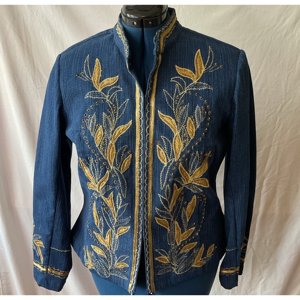 Coldwater Creek Womens Petite Large Gold Festival Embroidery Denim Jacket Boho